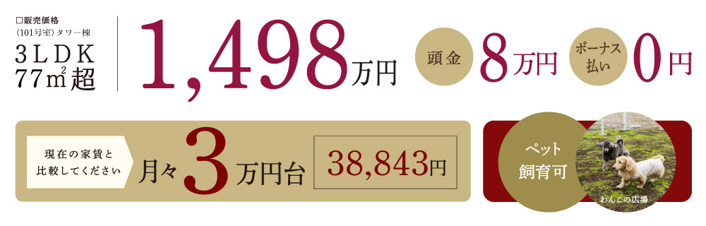 3LDK 77㎡超 1,498万円・頭金8万円・ボーナス払い0円／月々3万円台・38,843円・ペット飼育可